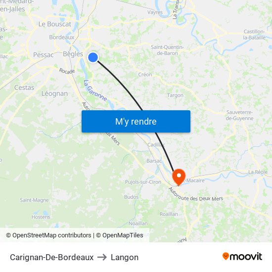 Carignan-De-Bordeaux to Langon map