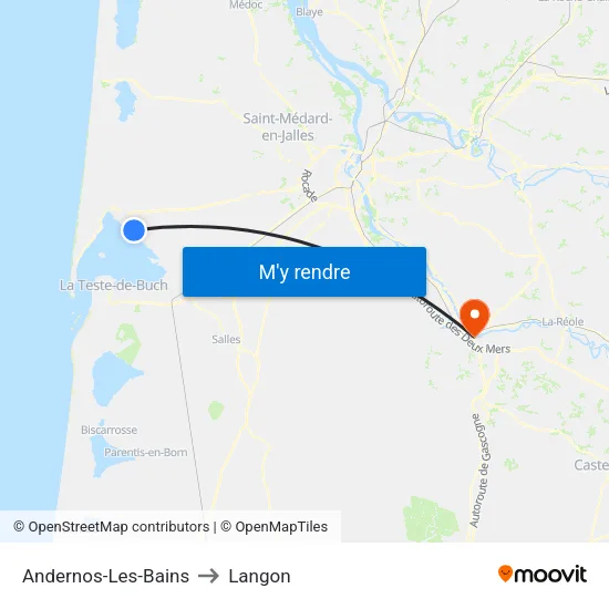 Andernos-Les-Bains to Langon map