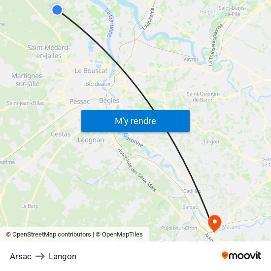Arsac to Langon map