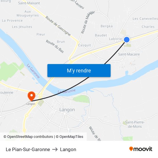 Le Pian-Sur-Garonne to Langon map