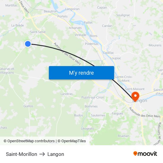 Saint-Morillon to Langon map