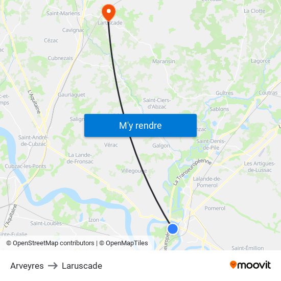 Arveyres to Laruscade map