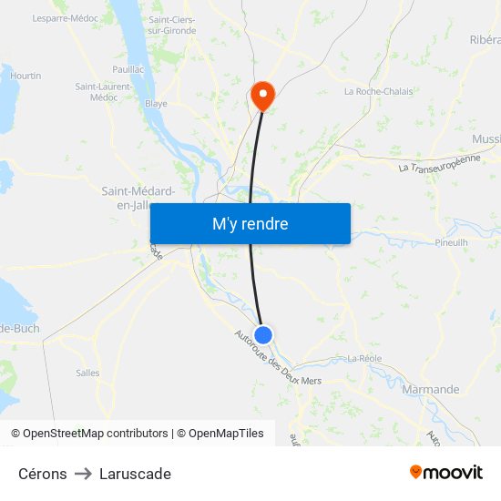 Cérons to Laruscade map