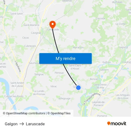 Galgon to Laruscade map