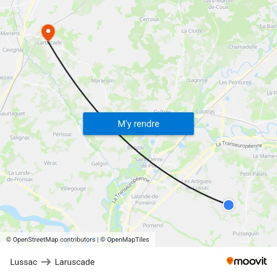Lussac to Laruscade map