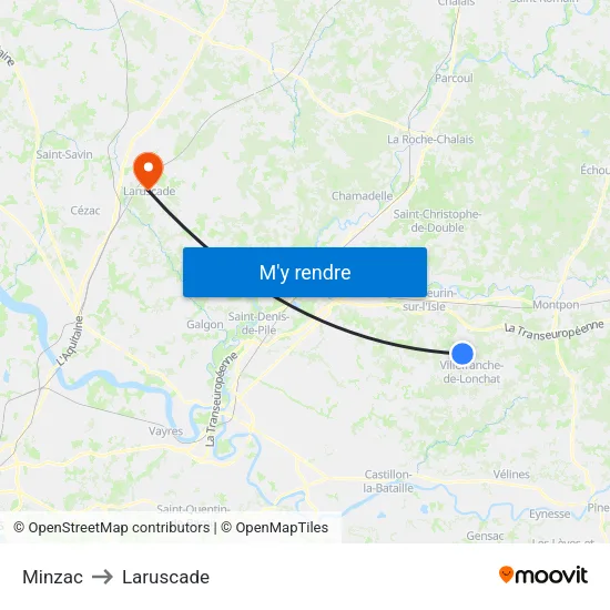 Minzac to Laruscade map