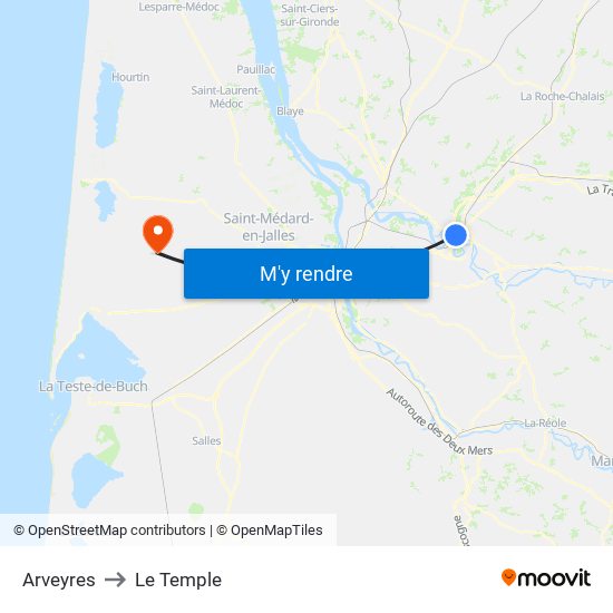 Arveyres to Le Temple map