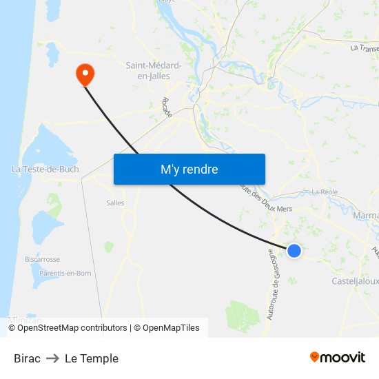 Birac to Le Temple map