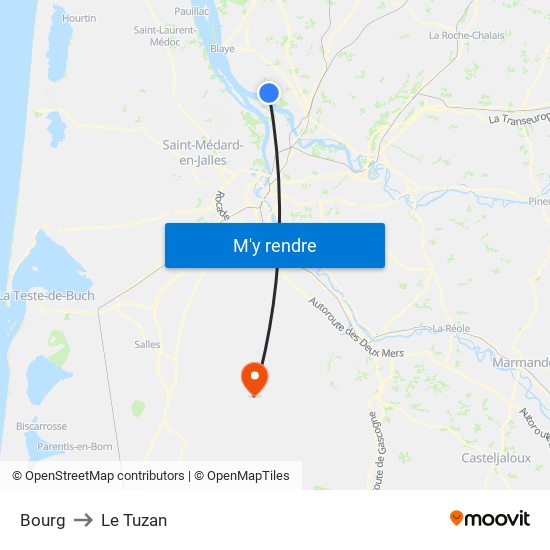 Bourg to Le Tuzan map