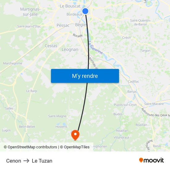 Cenon to Le Tuzan map