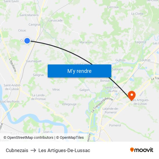 Cubnezais to Les Artigues-De-Lussac map