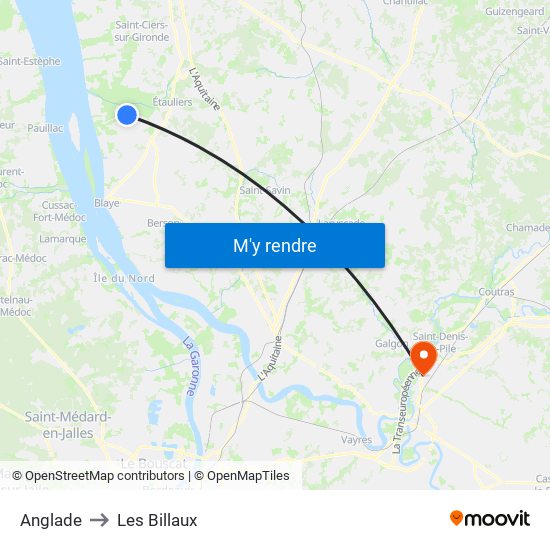 Anglade to Les Billaux map