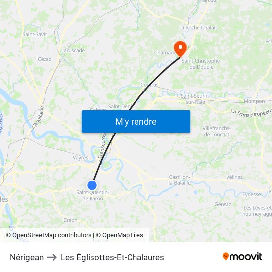 Nérigean to Les Églisottes-Et-Chalaures map