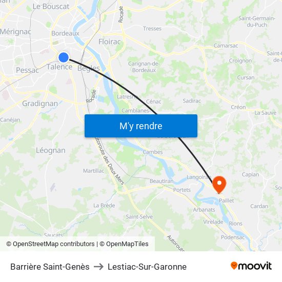 Barrière Saint-Genès to Lestiac-Sur-Garonne map