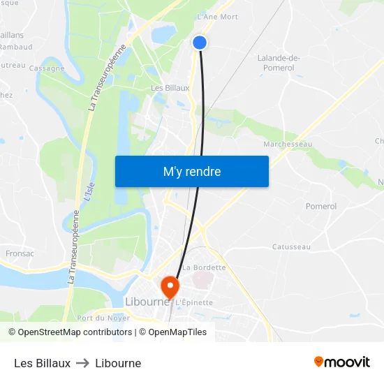 Les Billaux to Libourne map