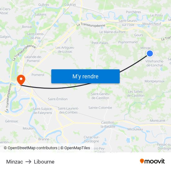 Minzac to Libourne map