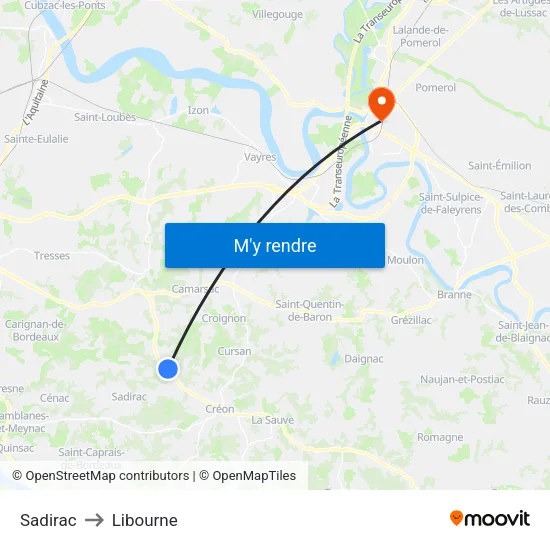Sadirac to Libourne map