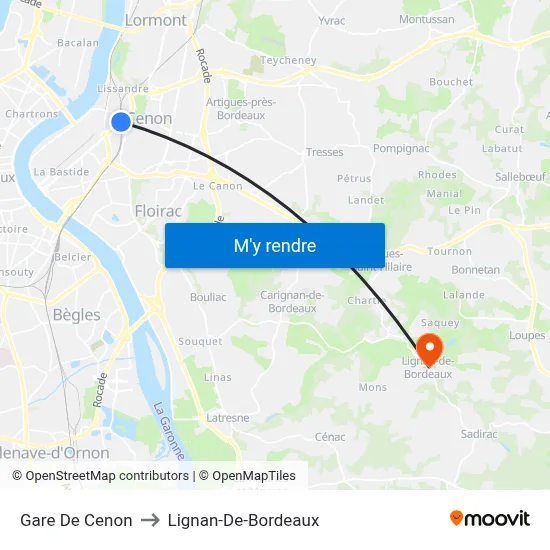 Gare De Cenon to Lignan-De-Bordeaux map
