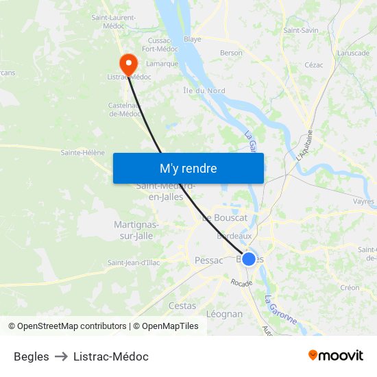 Begles to Listrac-Médoc map