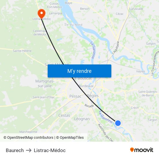 Baurech to Listrac-Médoc map