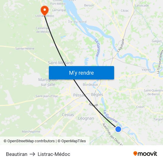 Beautiran to Listrac-Médoc map