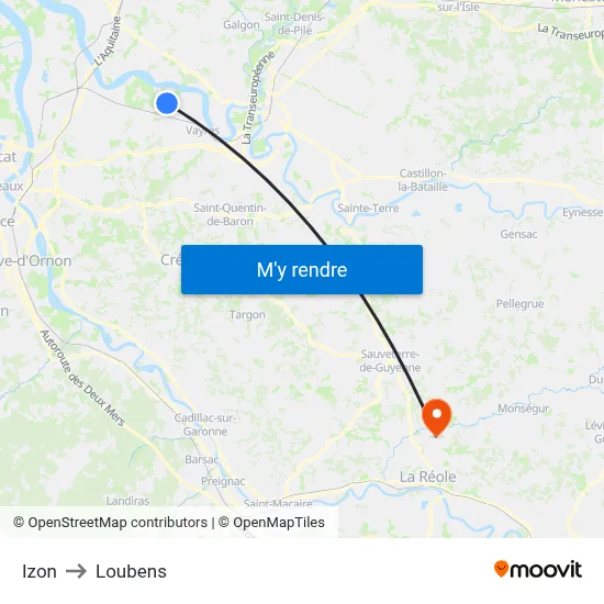 Izon to Loubens map