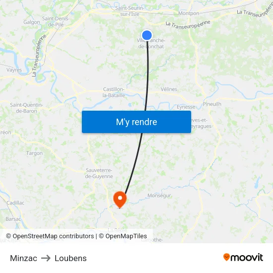 Minzac to Loubens map