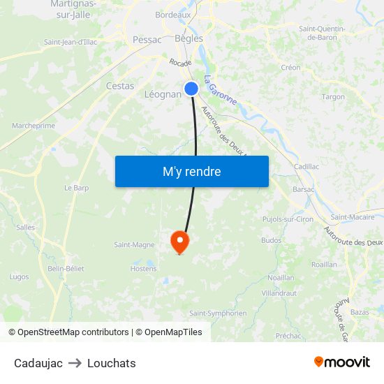 Cadaujac to Louchats map