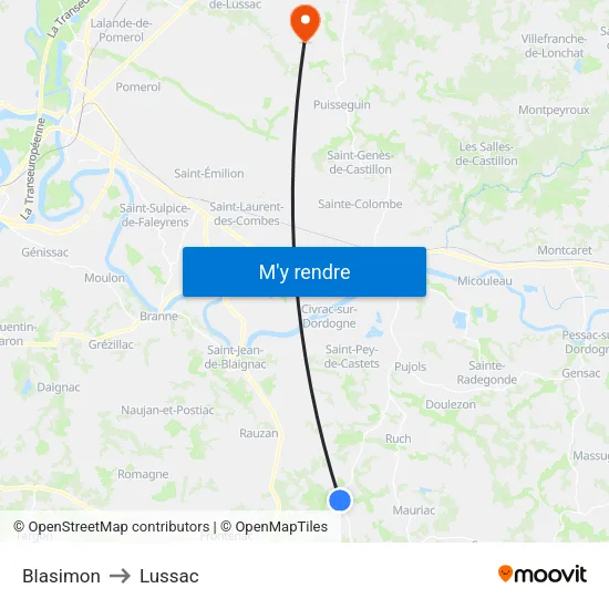 Blasimon to Lussac map
