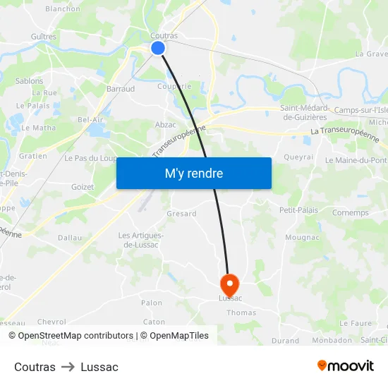 Coutras to Lussac map