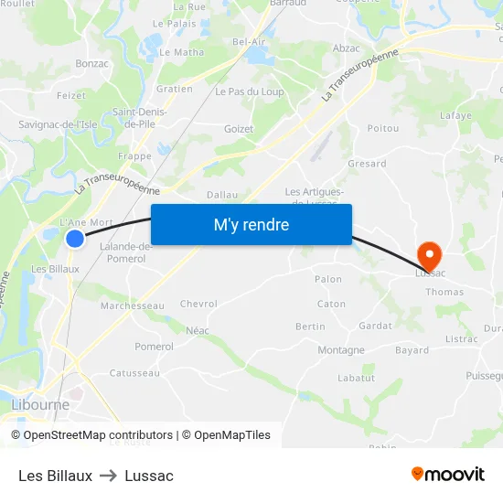 Les Billaux to Lussac map