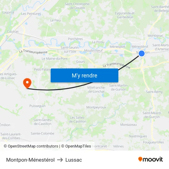 Montpon-Ménestérol to Lussac map