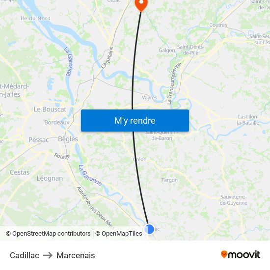 Cadillac to Marcenais map