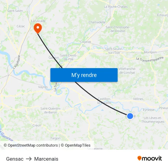 Gensac to Marcenais map