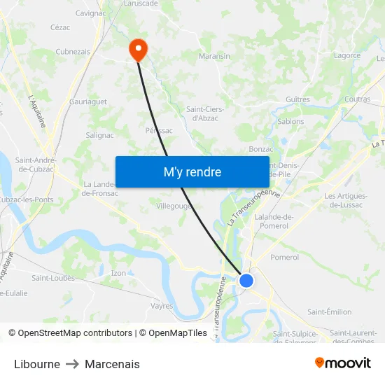Libourne to Marcenais map