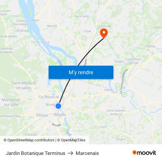 Jardin Botanique Terminus to Marcenais map