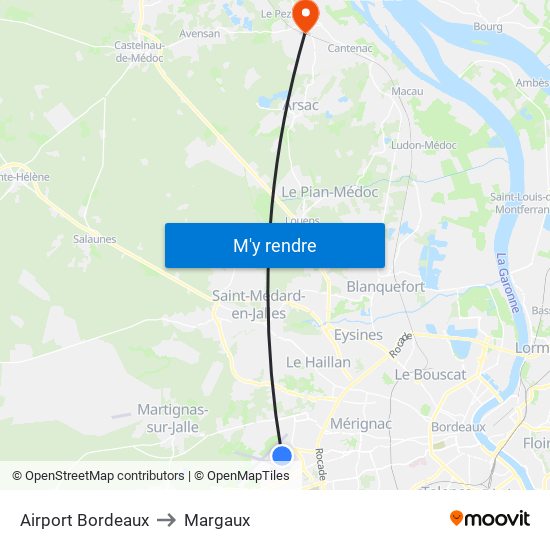 Airport Bordeaux to Margaux map