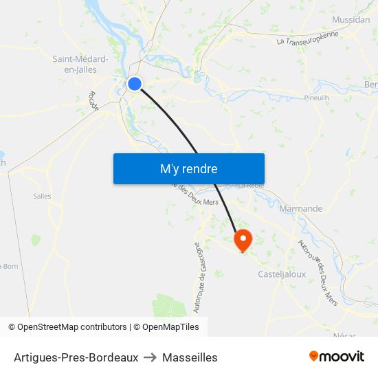 Artigues-Pres-Bordeaux to Masseilles map