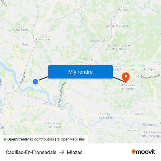 Cadillac-En-Fronsadais to Minzac map