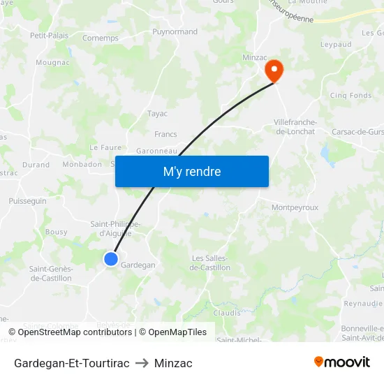 Gardegan-Et-Tourtirac to Minzac map