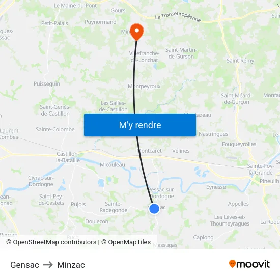 Gensac to Minzac map