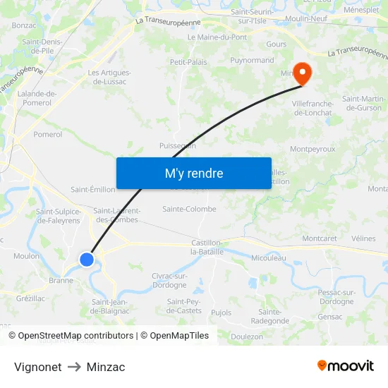 Vignonet to Minzac map