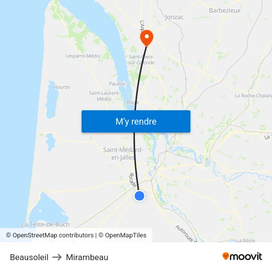 Beausoleil to Mirambeau map