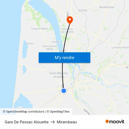 Gare Pessac Alouette to Mirambeau map