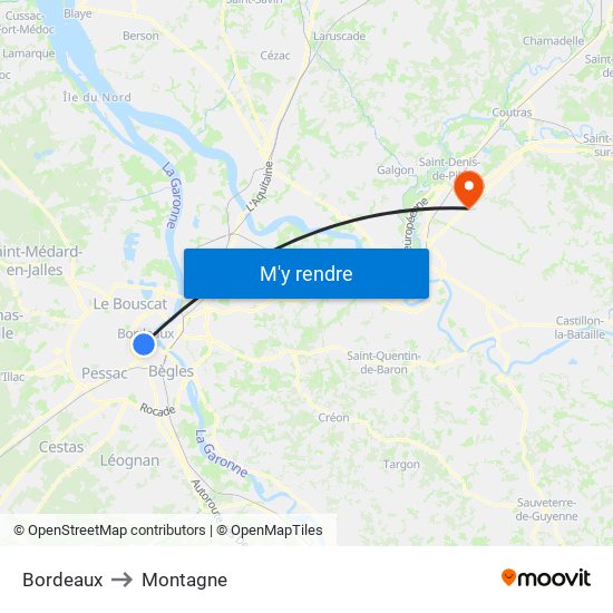 Bordeaux to Montagne map