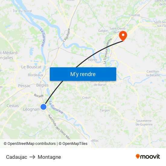 Cadaujac to Montagne map