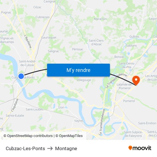Cubzac-Les-Ponts to Montagne map