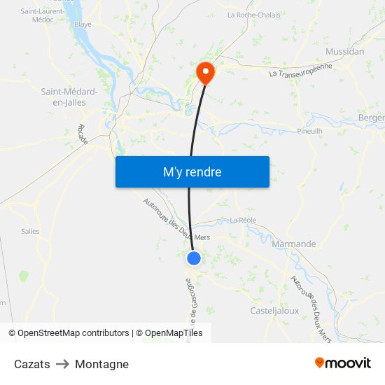 Cazats to Montagne map
