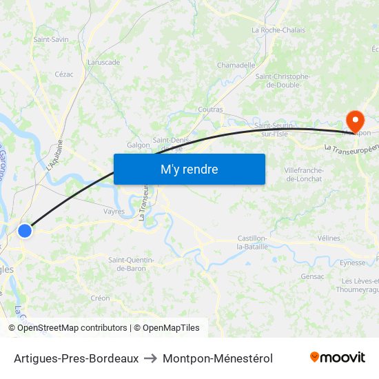 Artigues-Pres-Bordeaux to Montpon-Ménestérol map