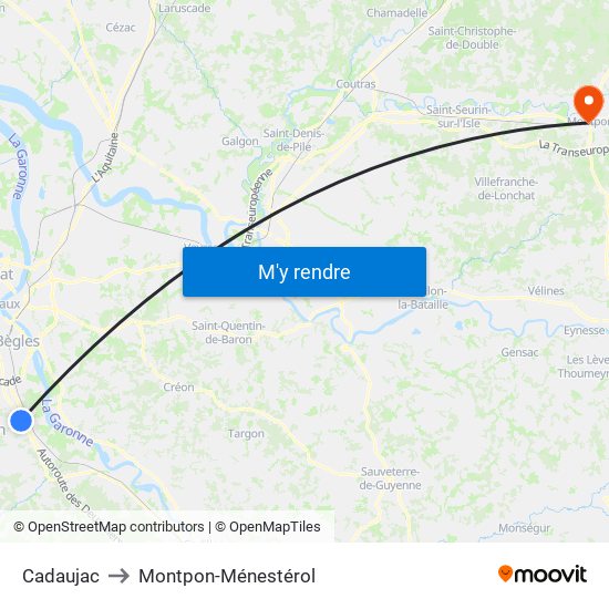 Cadaujac to Montpon-Ménestérol map